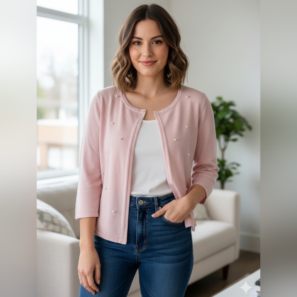 Ivanka Trump Light Pink Cardigan with Pearl Accents